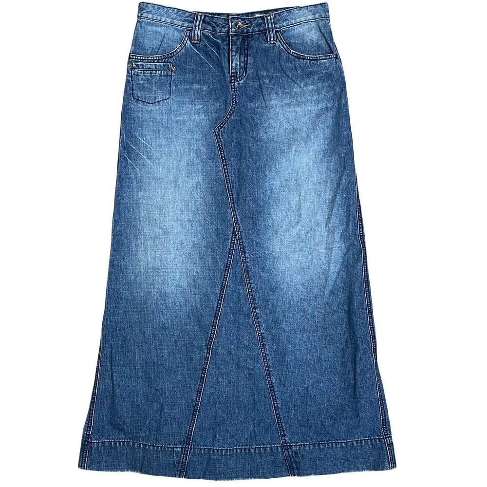 Unionbay Denim Maxi Skirt Women 9 Blue A-Line Embroidered Pockets Y2K Vintage